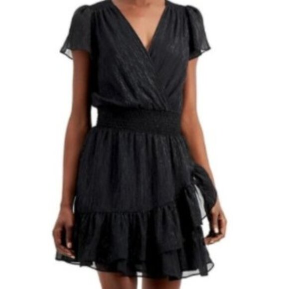 Michael Kors Black Metallic Crinkled Georgette Ruffled Wrap Dress Size Medium - Picture 1 of 11